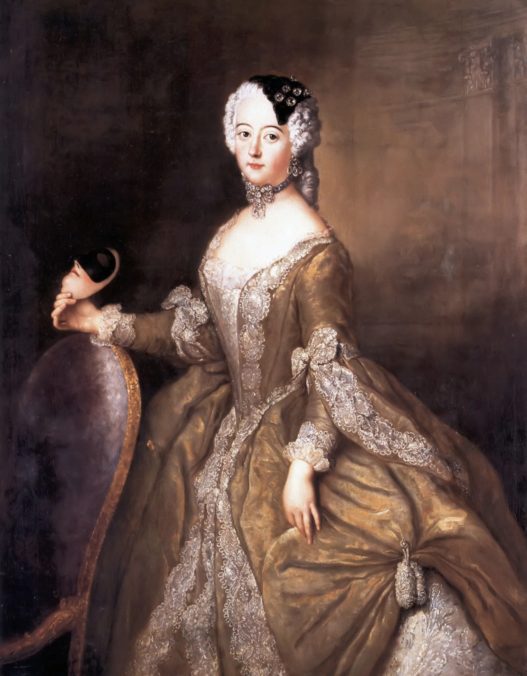 Baroque oil portrait of Ulrika Lovisa of Prussia in a gold court gown trimmed with silver lace, holding a black masquerade mask