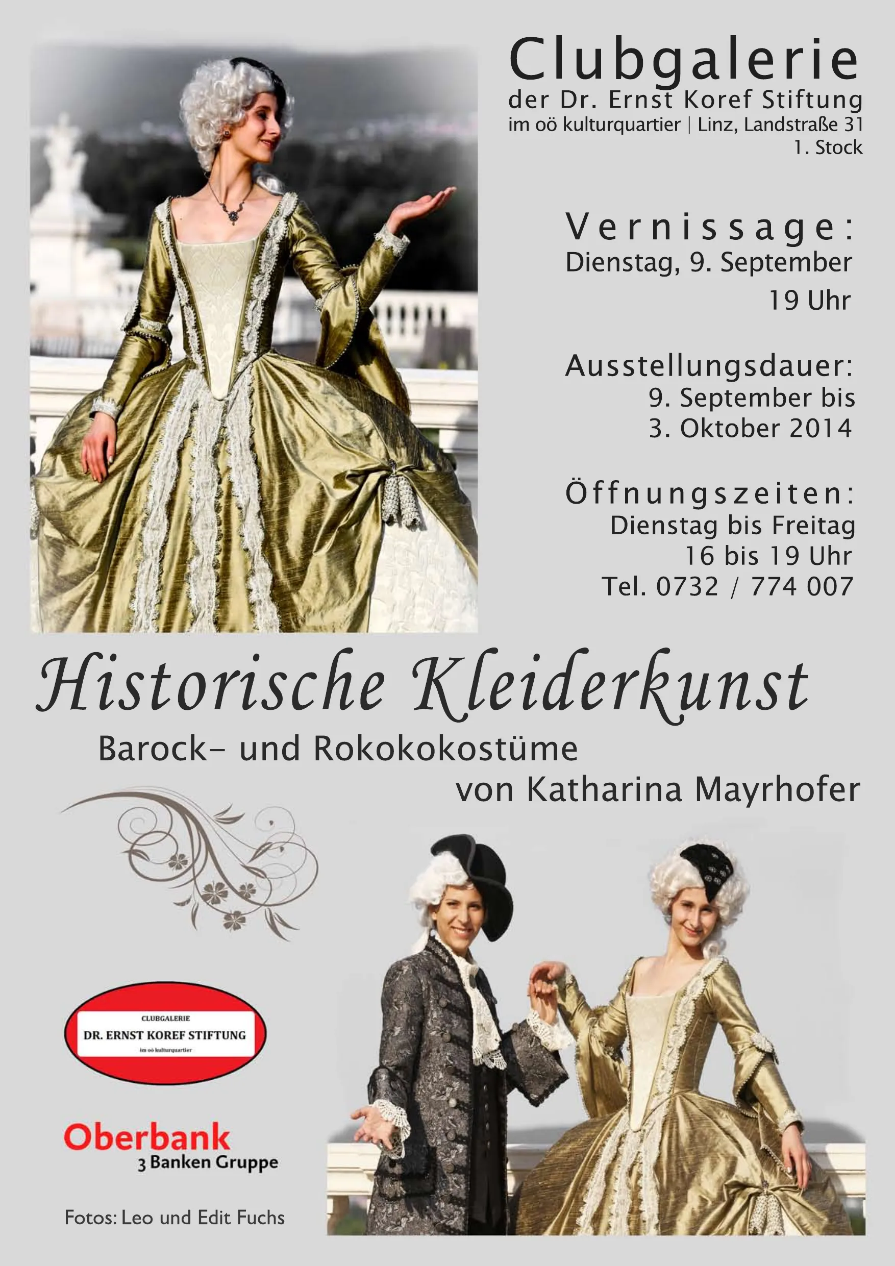 Poster of the exhibition Historische Kleiderkunst by Katharina Mayrhofer at the oö Kulturquartier Linz, 2014, showing the gold gown